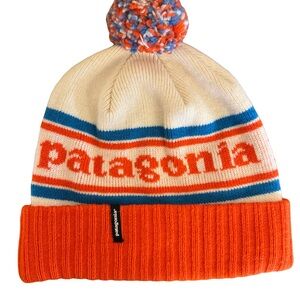 Patagonia Powder Town Beanie w/ Vintage Look Cream White And Blue With Pom Pom